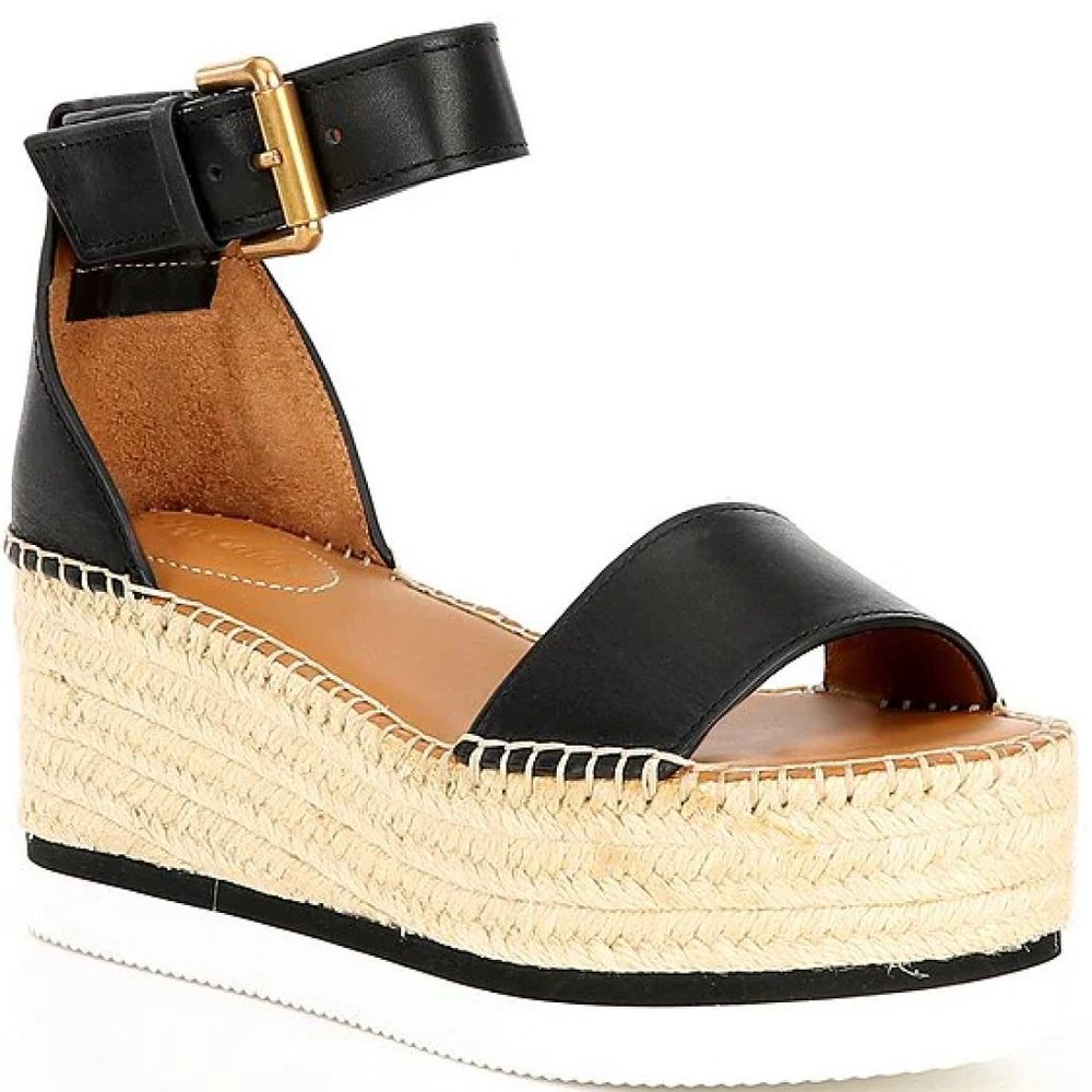 SEE BY CHLOE Glyn black and white espadrille platform sandal with gold hardware